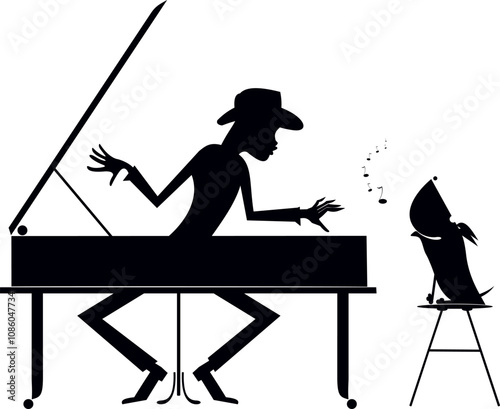 Pianist plays piano and sings together with a dog. 
Pianist plays piano and the dog howls. Original silhouette. Black on white illustration

