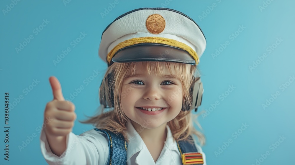 Cheerful Young Child in Captain Hat with Headphones Giving Thumbs Up Against a Soft Blue Background, Radiating Joy and Confidence in a Playful Environment Cheerful Young Child in Captain Hat with Headphones Giving Thumbs Up Against a Soft Blue Background, Radiating Joy and Confidence in a Playful Environment