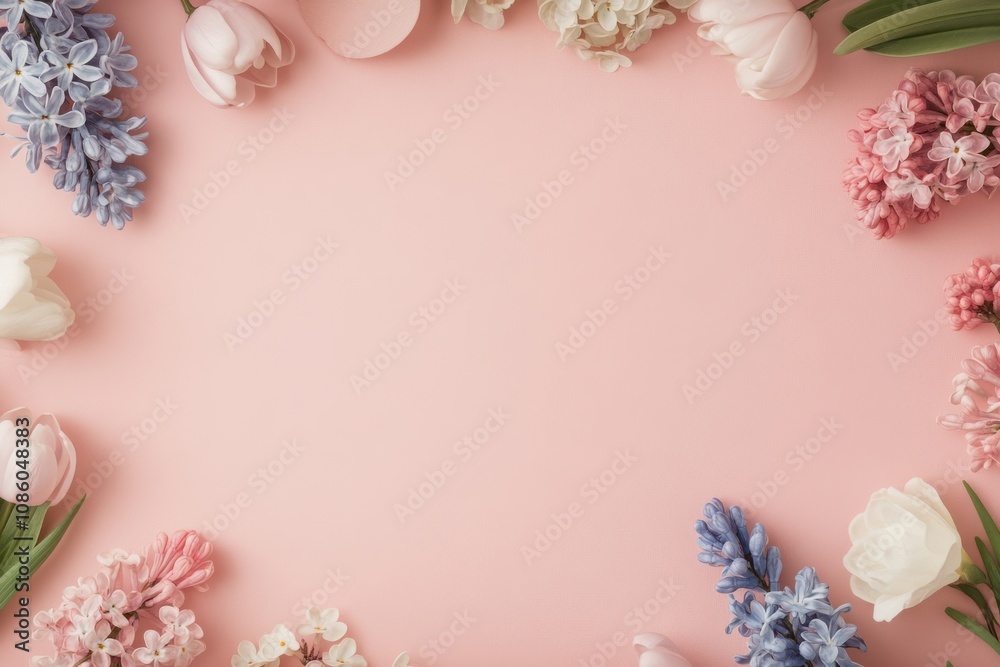 Floral arrangement with pink background featuring a mix of purple, pink, and white flowers Floral arrangement with pink background featuring a mix of purple, pink, and white flowers
