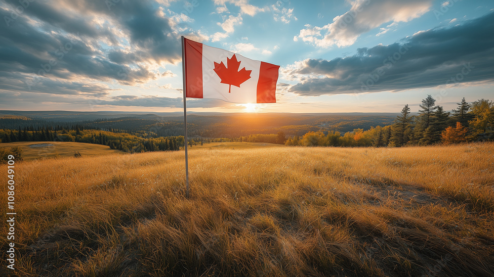 Canadian flag waving on a hill, peaceful mood, sunset background for Canada Day Canadian flag waving on a hill, peaceful mood, sunset background for Canada Day