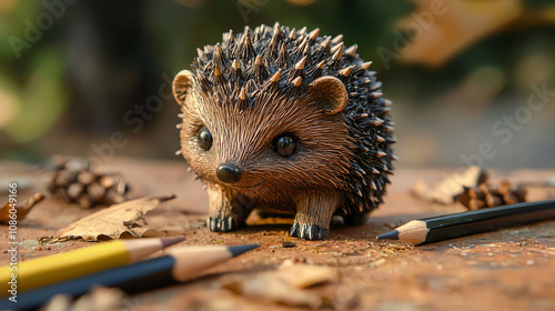 A cute hedgehog-shaped pencil sharpener sitting among colored pencils and leaves on a rustic table during autumn photo