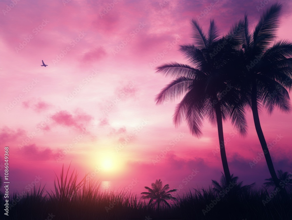 Obraz premium Sunset over tropical landscape with palm trees and vibrant colors in the sky at dusk