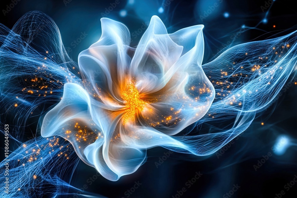 Naklejka premium a surreal depiction of a luminous abstract flower with translucent blue petals, glowing orange center, and intricate light filaments, evoking a sense of energy, beauty, and futuristic elegance