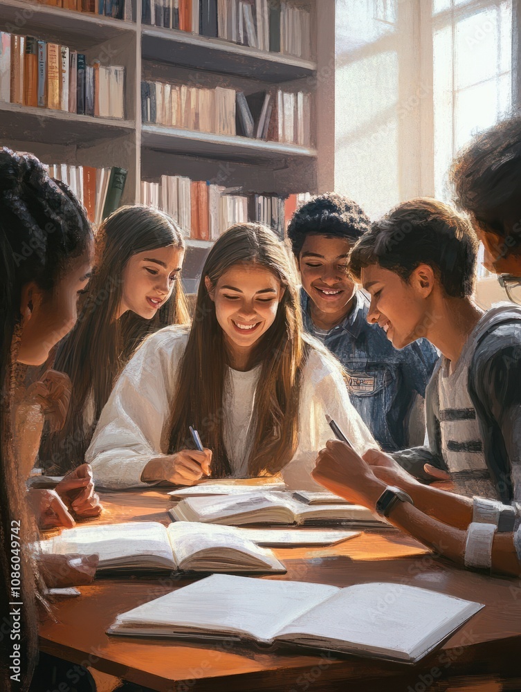 Obraz premium Happy team of high school girls and guys studying together. Group of multiethnic classmates smiling in university library. Group of young people sitting at table working on school assignment.