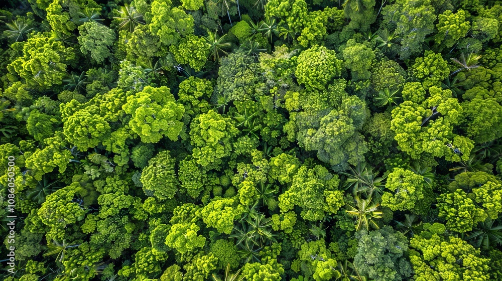 Lush tropical forest canopy with dense green treetops and foliage Lush tropical forest canopy with dense green treetops and foliage