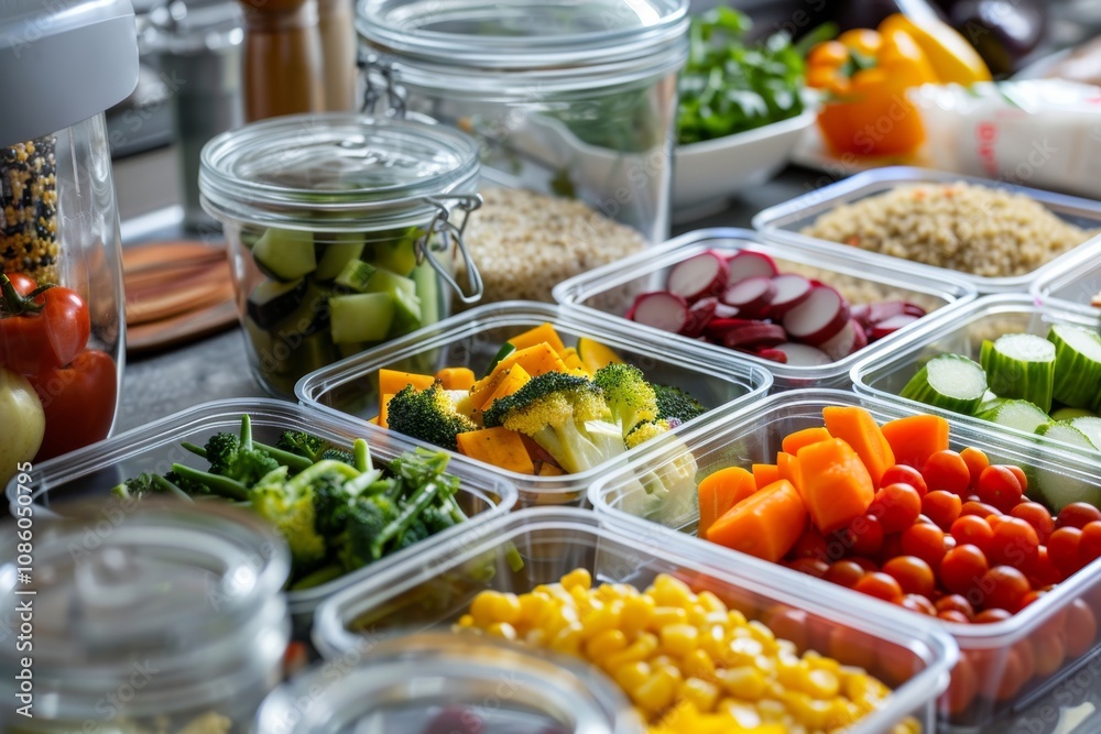 Fresh meal prep with diverse vegetables in glass containers Fresh meal prep with diverse vegetables in glass containers