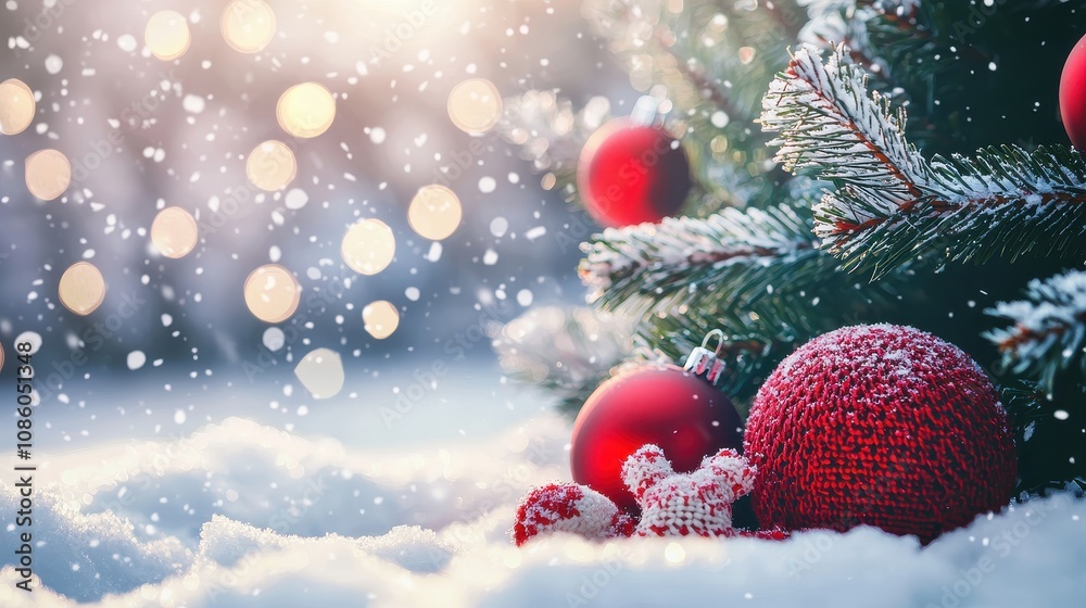 Obraz premium Beautiful festive Christmas snowy background. Christmas tree decorated with red balls and knitted toys in snowdrifts, outdoors, banner format