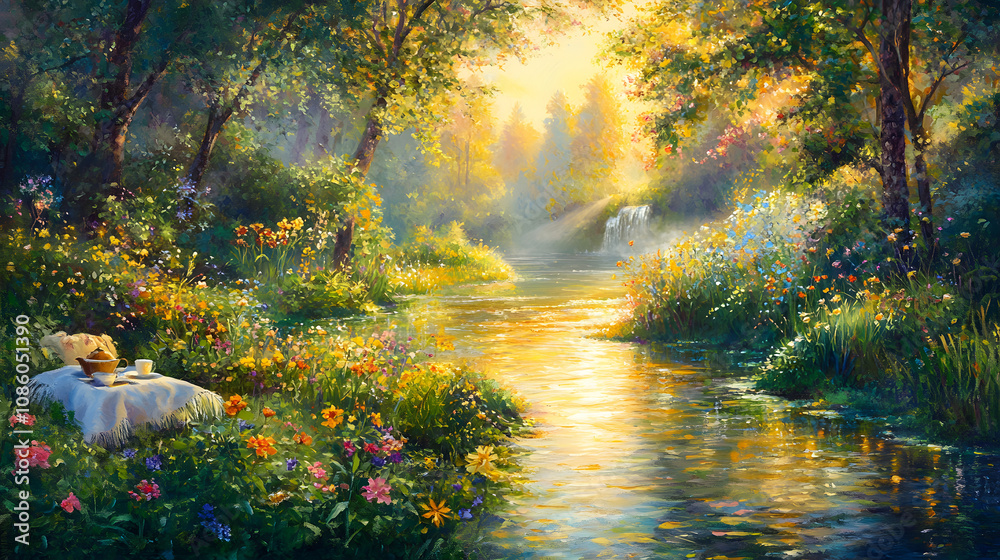 A Serene Sunday Morning in an Enchanted Forest with Golden Sunlight and a Tranquil River A Serene Sunday Morning in an Enchanted Forest with Golden Sunlight and a Tranquil River