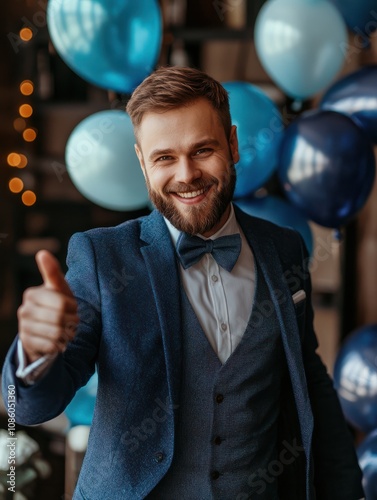 Lets have fun. Handsome happy man groom points at himeself, has party before wedding, good mood, stands with airballoons, has awesome day, wears blue outfit, poses indoor. Happiness concept. photo