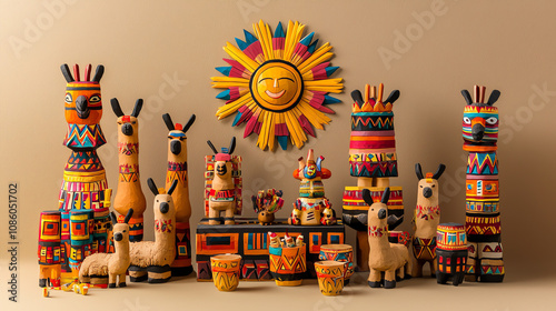 Colorful Inti Raymi festival decorations featuring llamas and a sun motif, celebrating Peruvian heritage and tradition photo