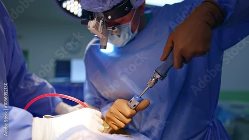 Professional neurosurgeon applies screwdriver at operation. Doctor in surgical loupes works hard at surgery.