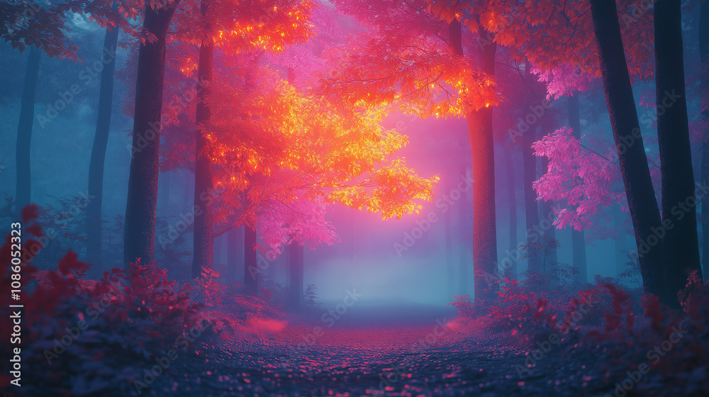 Fototapeta premium path through a misty forest, trees with vibrant pink and orange leaves