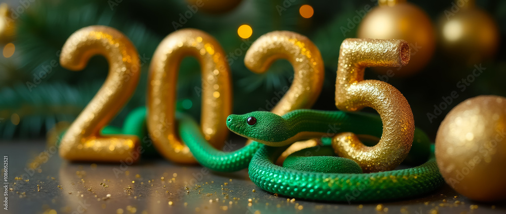 A green tree snake coils around shiny gold numbers, adding a unique flair to the New Year decorations. A green tree snake coils around shiny gold numbers, adding a unique flair to the New Year decorations.