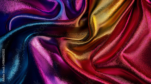 Abstract metallic fabric waves with vibrant iridescent tones, smooth and flowing, high gloss