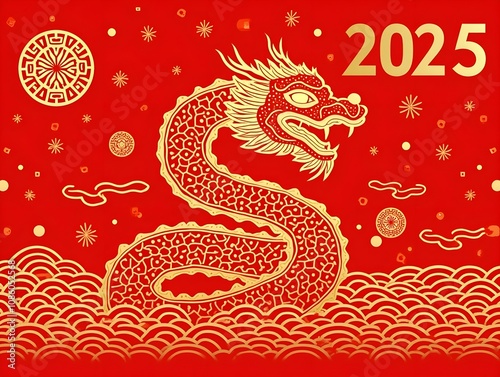 Chinese New Year 2025, the year of the snake, red and gold line art characters, simple design Asian elements with craft