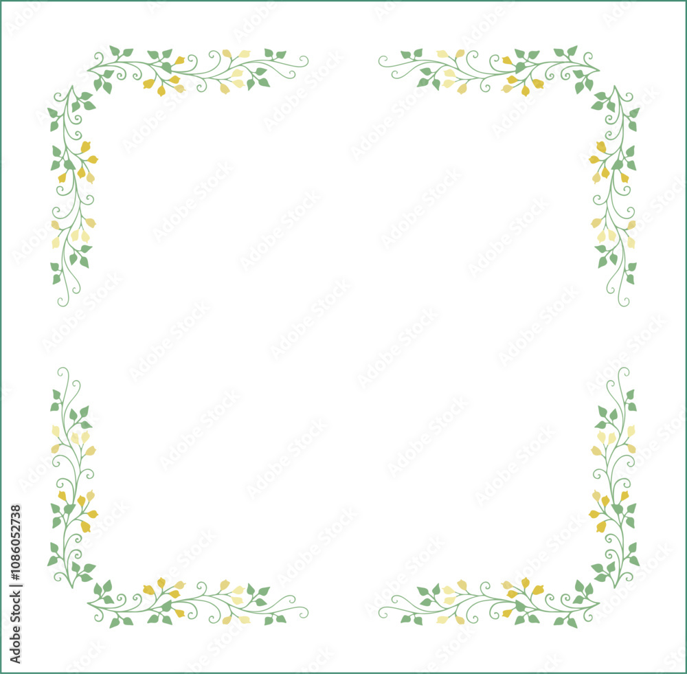 Elegant green vegetal ornamental frame with leaves and yellow flowers, decorative border, corners for greeting cards. Isolated vector illustration Elegant green vegetal ornamental frame with leaves and yellow flowers, decorative border, corners for greeting cards. Isolated vector illustration