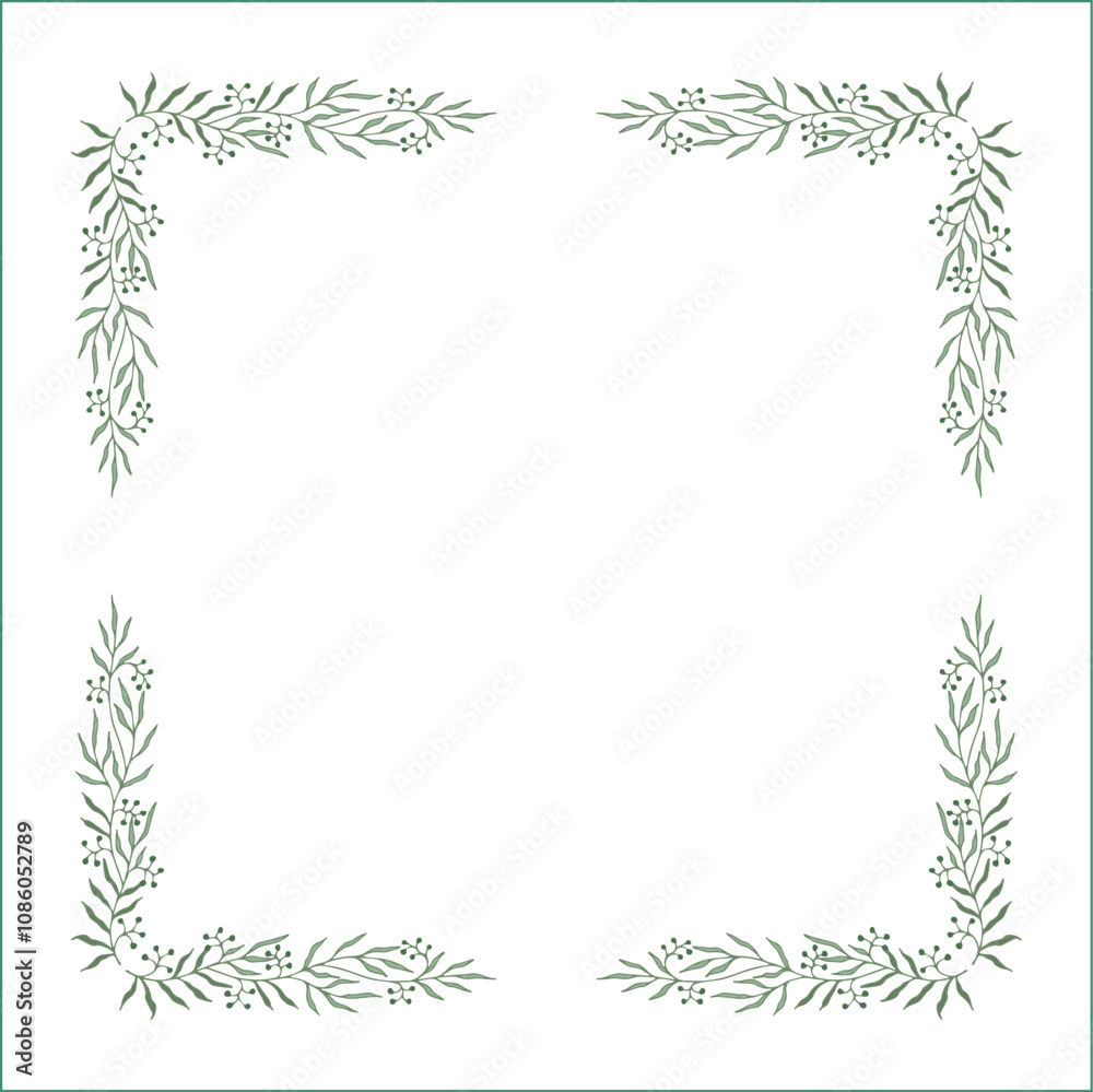Elegant green vegetal ornamental frame with leaves and olives, decorative border, corners for greeting cards. Isolated vector illustration Elegant green vegetal ornamental frame with leaves and olives, decorative border, corners for greeting cards. Isolated vector illustration