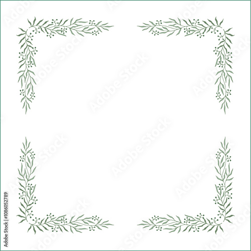 Elegant green vegetal ornamental frame with leaves and olives, decorative border, corners for greeting cards. Isolated vector illustration