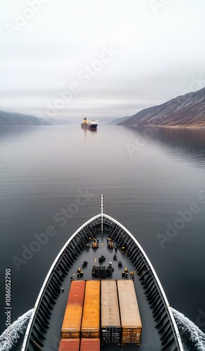 Large cargo ship navigating calm waters under a hazy sky in a tranquil maritime setting photo