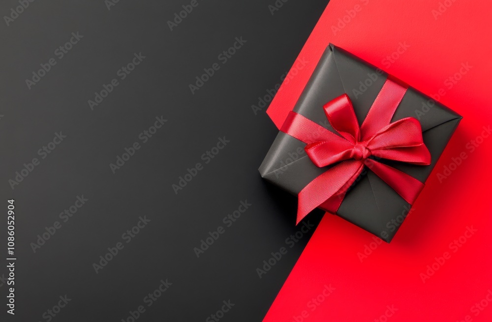 Elegant black gift box with red ribbon on contrasting black and red background Elegant black gift box with red ribbon on contrasting black and red background