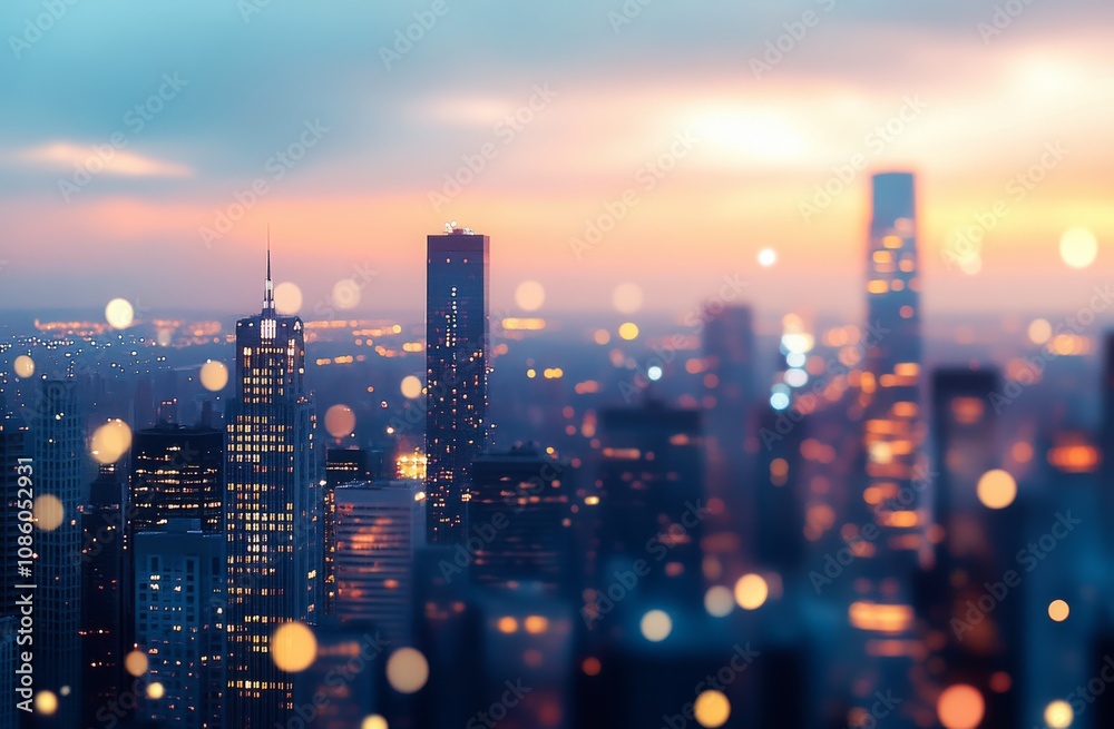 Fototapeta premium City skyline at sunset with snowflakes falling in city during winter evening