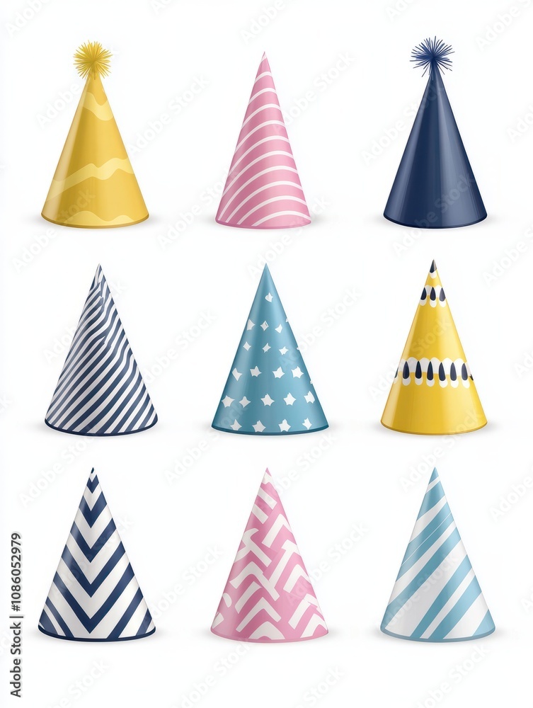 Paper birthday party hats isolated. Funny caps for celebration vector set. Cap cone for birthday party illustration Paper birthday party hats isolated. Funny caps for celebration vector set. Cap cone for birthday party illustration
