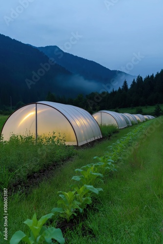 A row of greenhouses are lined up in a field. The greenhouses are covered in plastic and are illuminated by lights. The scene is peaceful and serene