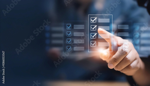 Using and completing a checklist, featuring elements like checkmarks, lists, and completed tasks, symbolizing organization, task management, and productivity. photo