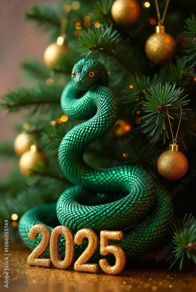A vibrant green tree snake coils around golden decorations, heralding the new year in a festive studio environment.