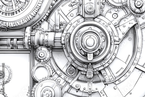 Coloring page of victorian steam punk machinery patterns, vintage industrial design.