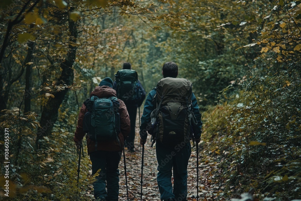 Three men are walking through a forest, each carrying a backpack Three men are walking through a forest, each carrying a backpack