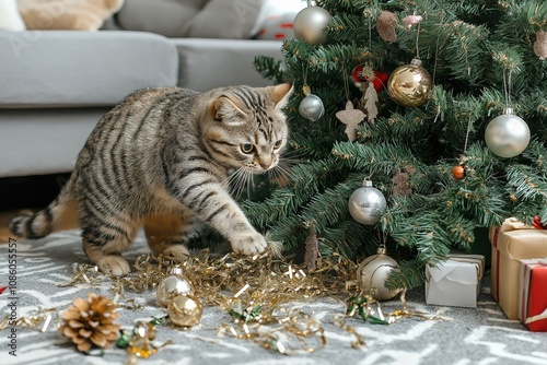 Playful cat pulling down christmas tree decorations