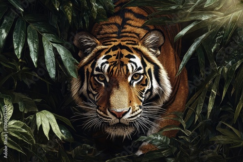 A tiger is standing in a jungle with green leaves and branches