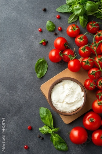 Fresh tomatoes and creamy ricotta on a dark surface with basil leaves and spices