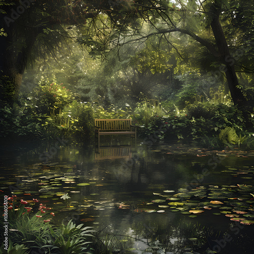 Serene Pond with Reflective Waters and Lush Greenery, Featuring Lily Pads and Sunlit Foliage