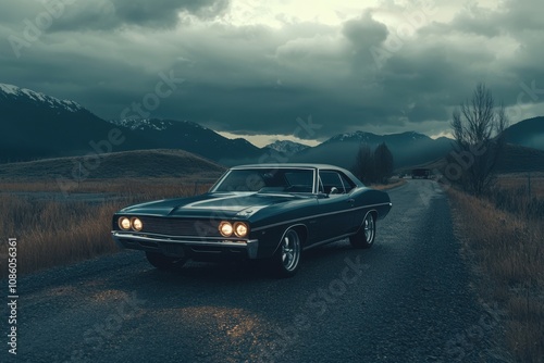 A dark blue car is driving down a road in a desolate area