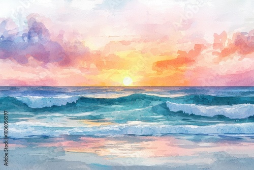 A painting of a beach with a sunset in the background