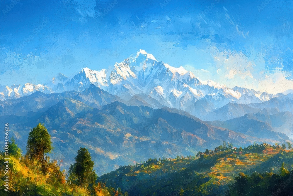 A mountain range with snow on the peaks and a clear blue sky A mountain range with snow on the peaks and a clear blue sky