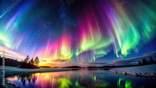 Bright and colorful aurora lights in the night sky with wide angle view, against a black background