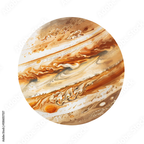 A watercolor painting of Jupiter, with its colorful bands and stormy Great Red Spot, isolated on a white background. Jupiter vector.