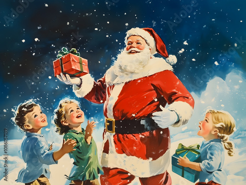 a vintage illustrated scene of santa claus holding a gift while surrounded by smiling children in a snowy nighttime setting