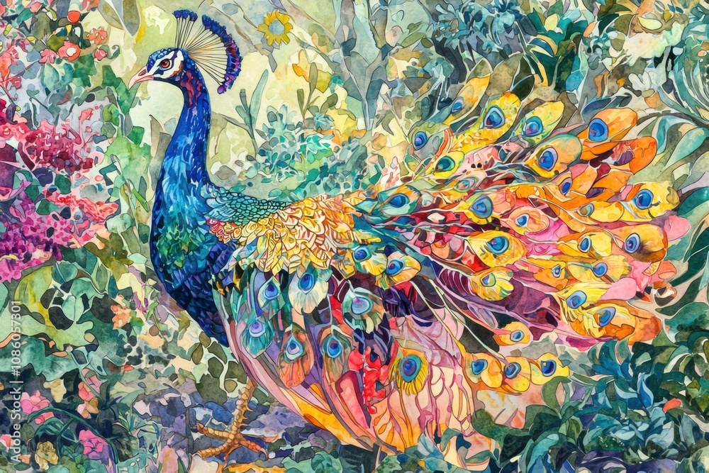 Fototapeta premium A colorful peacock is depicted in a lush green forest