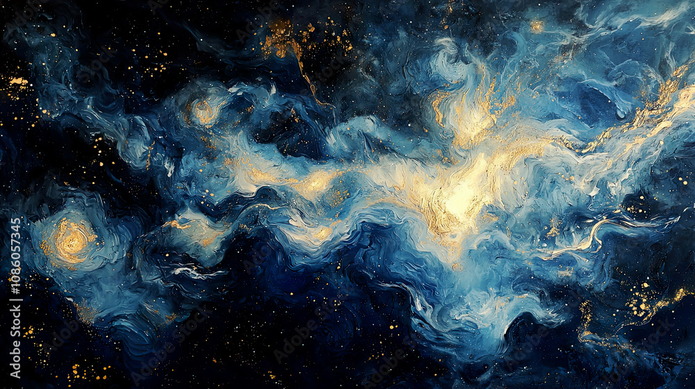 Cosmic nebula with swirling blues and hints of gold