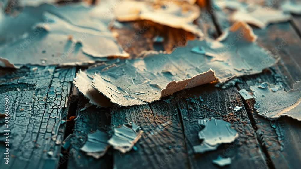 Paint peeling off wooden surface in warm light Paint peeling off wooden surface in warm light