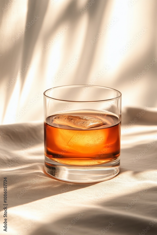 A clear cup of tea resting on soft silky fabric creates a serene presentation in bright light A clear cup of tea resting on soft silky fabric creates a serene presentation in bright light