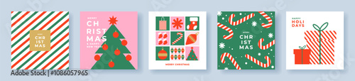 Merry Christmas greeting cards, covers, posters in modern  simple geometric style in green, red, pink colors for season greetings, ads, print. Trendy Xmas layout design templates photo