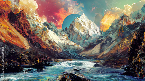 Dreamlike surreal mountainscape with vibrant colors, dynamic river, intricate textures, photorealistic