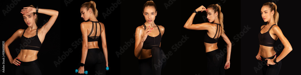 Fototapeta premium A fitness model demonstrates various workout poses in a studio setting. The black backdrop enhances her athletic attire and emphasizes her toned physique, capturing the essence of strength training.