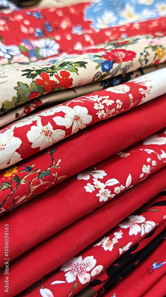 Red Floral Fabric with White Flowers: Close-Up Texture and Pattern Red Floral Fabric with White Flowers: Close-Up Texture and Pattern