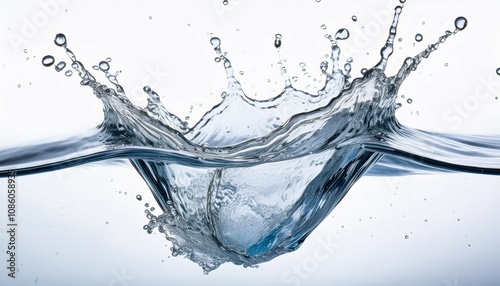 dynamic water splash captured mid air against a white background showcasing the fluid motion and clarity of the water droplets photo